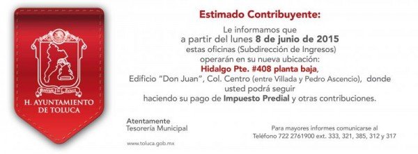 CAMBIA DOMICILIO TESORERIA DE TOLUCA