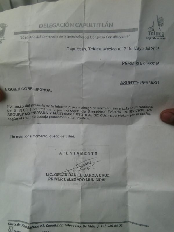 Delegado de Capultitlán autoriza ilegalmente cobro por servicios de seguridad privada 