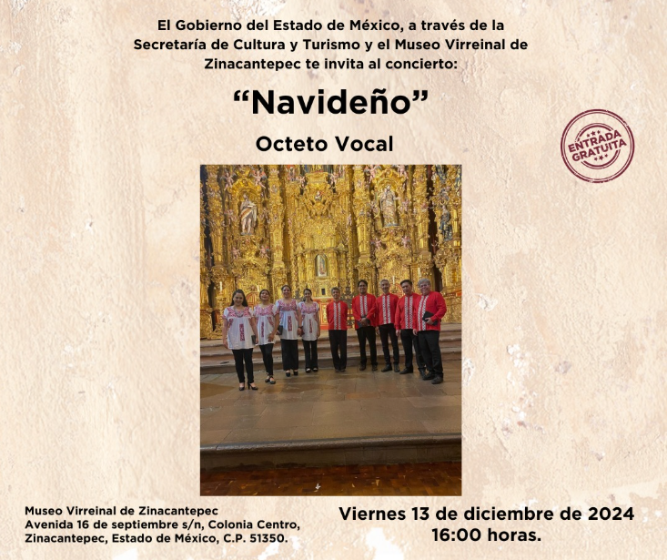 Invita Museo Virreinal de Zinacantepec a concierto navideño con octeto vocal